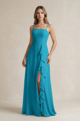 Spaghetti Strap Ruffled A - Line Chiffon Bridesmaid Dress in Blue Jay - KISS BRIDAL Bridesmaid Dresses