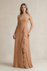Spaghetti Strap Ruffled A - Line Chiffon Bridesmaid Dress in Bronzer - KISS BRIDAL Bridesmaid Dresses