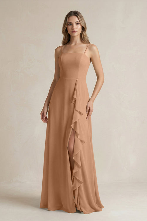 Spaghetti Strap Ruffled A - Line Chiffon Bridesmaid Dress in Bronzer - SHE IS ME Bridesmaid Dresses