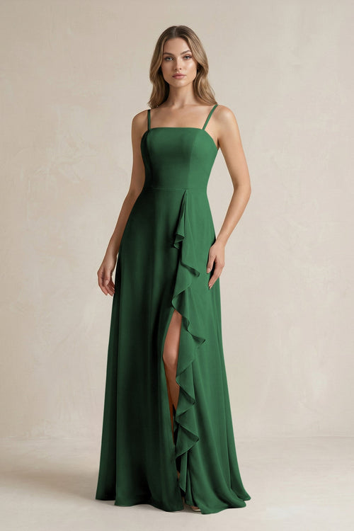 Spaghetti Strap Ruffled A - Line Chiffon Bridesmaid Dress in Dark Green - SHE IS ME Bridesmaid Dresses