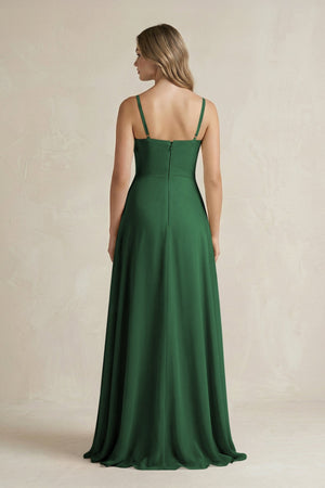 Spaghetti Strap Ruffled A - Line Chiffon Bridesmaid Dress in Dark Green - SHE IS ME Bridesmaid Dresses