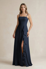 Spaghetti Strap Ruffled A - Line Chiffon Bridesmaid Dress in Dark Navy - KISS BRIDAL Bridesmaid Dresses