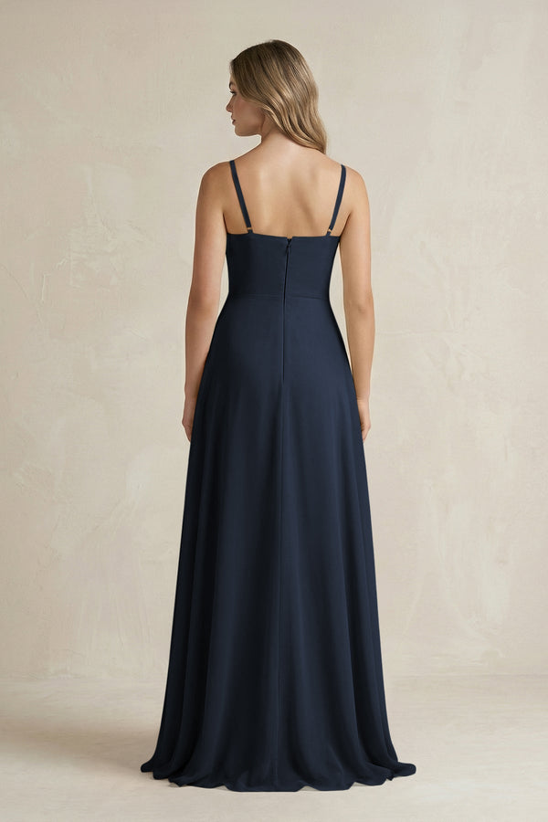 Spaghetti Strap Ruffled A - Line Chiffon Bridesmaid Dress in Dark Navy - SHE IS ME Bridesmaid Dresses