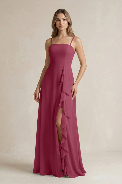 Spaghetti Strap Ruffled A - Line Chiffon Bridesmaid Dress in Desert Rose - SHE IS ME Bridesmaid Dresses