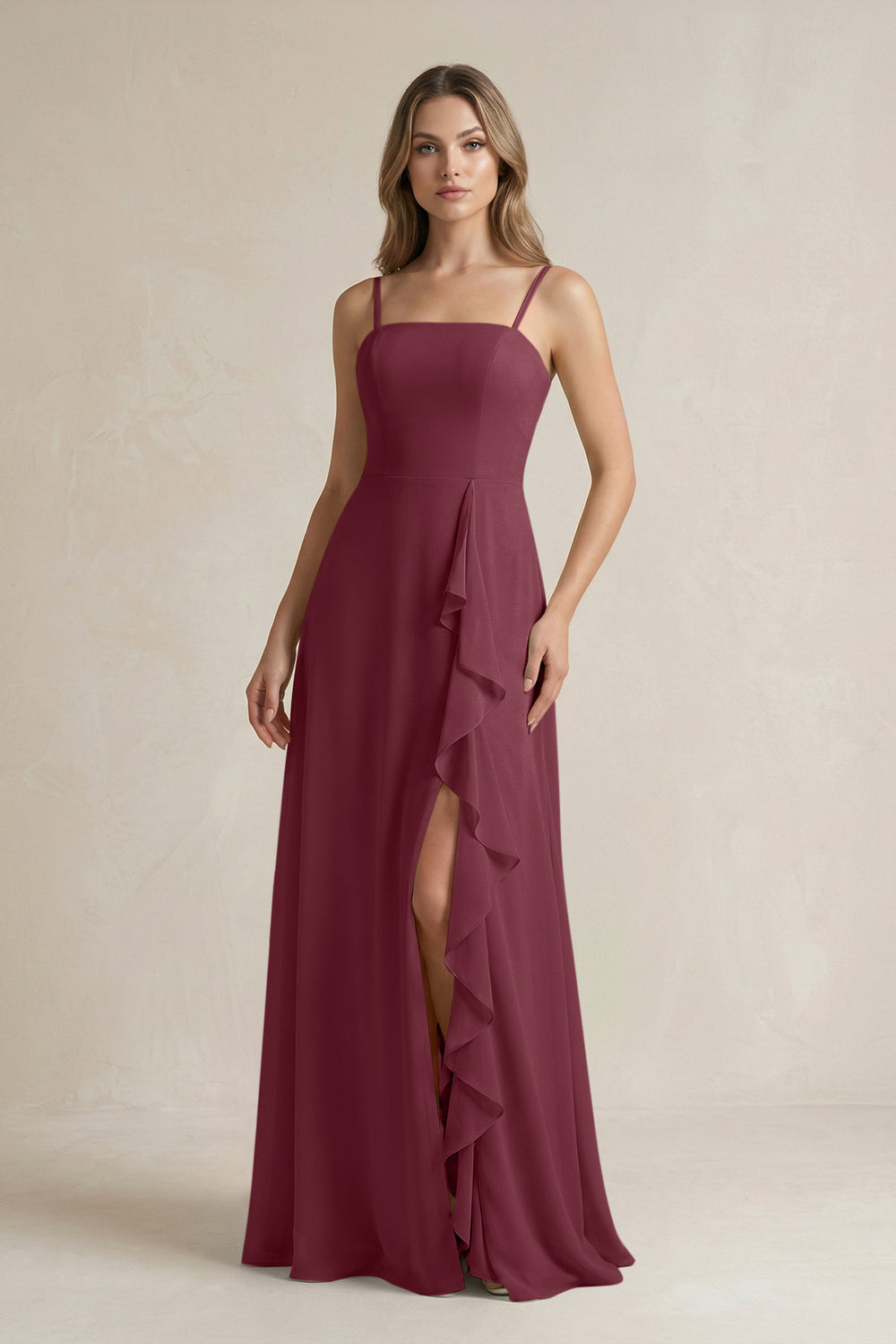 Spaghetti Strap Ruffled A-Line Chiffon Bridesmaid Dress in Desert Rose