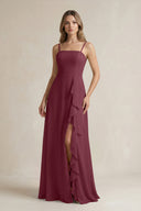 Spaghetti Strap Ruffled A-Line Chiffon Bridesmaid Dress in Desert Rose | KISSBRIDAL