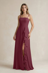 Spaghetti Strap Ruffled A-Line Chiffon Bridesmaid Dress in Desert Rose | KISSBRIDAL