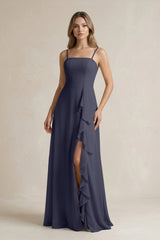 Spaghetti Strap Ruffled A - Line Chiffon Bridesmaid Dress in Dusk Blue - KISS BRIDAL Bridesmaid Dresses