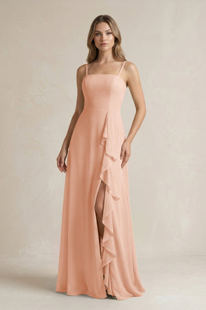 Spaghetti Strap Ruffled A - Line Chiffon Bridesmaid Dress in English Rose - SHE IS ME Bridesmaid Dresses