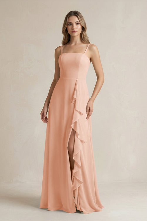Spaghetti Strap Ruffled A - Line Chiffon Bridesmaid Dress in English Rose - SHE IS ME Bridesmaid Dresses
