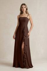 Spaghetti Strap Ruffled A - Line Chiffon Bridesmaid Dress in Espresso - KISS BRIDAL Bridesmaid Dresses