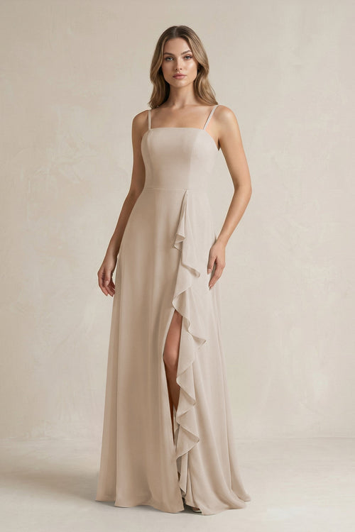 Spaghetti Strap Ruffled A - Line Chiffon Bridesmaid Dress in Frost - SHE IS ME Bridesmaid Dresses