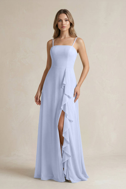 Spaghetti Strap Ruffled A - Line Chiffon Bridesmaid Dress in Ice - SHE IS ME Bridesmaid Dresses