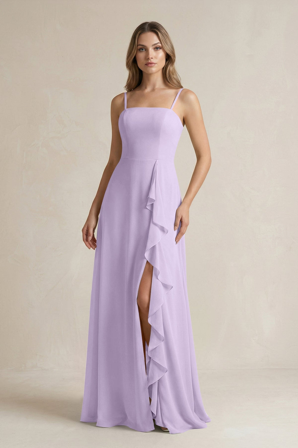 Spaghetti Strap Ruffled A - Line Chiffon Bridesmaid Dress in Lavender - KISS BRIDAL Bridesmaid Dresses