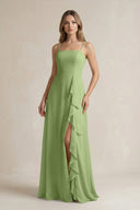 Spaghetti Strap Ruffled A - Line Chiffon Bridesmaid Dress in Matcha - SHE IS ME Bridesmaid Dresses