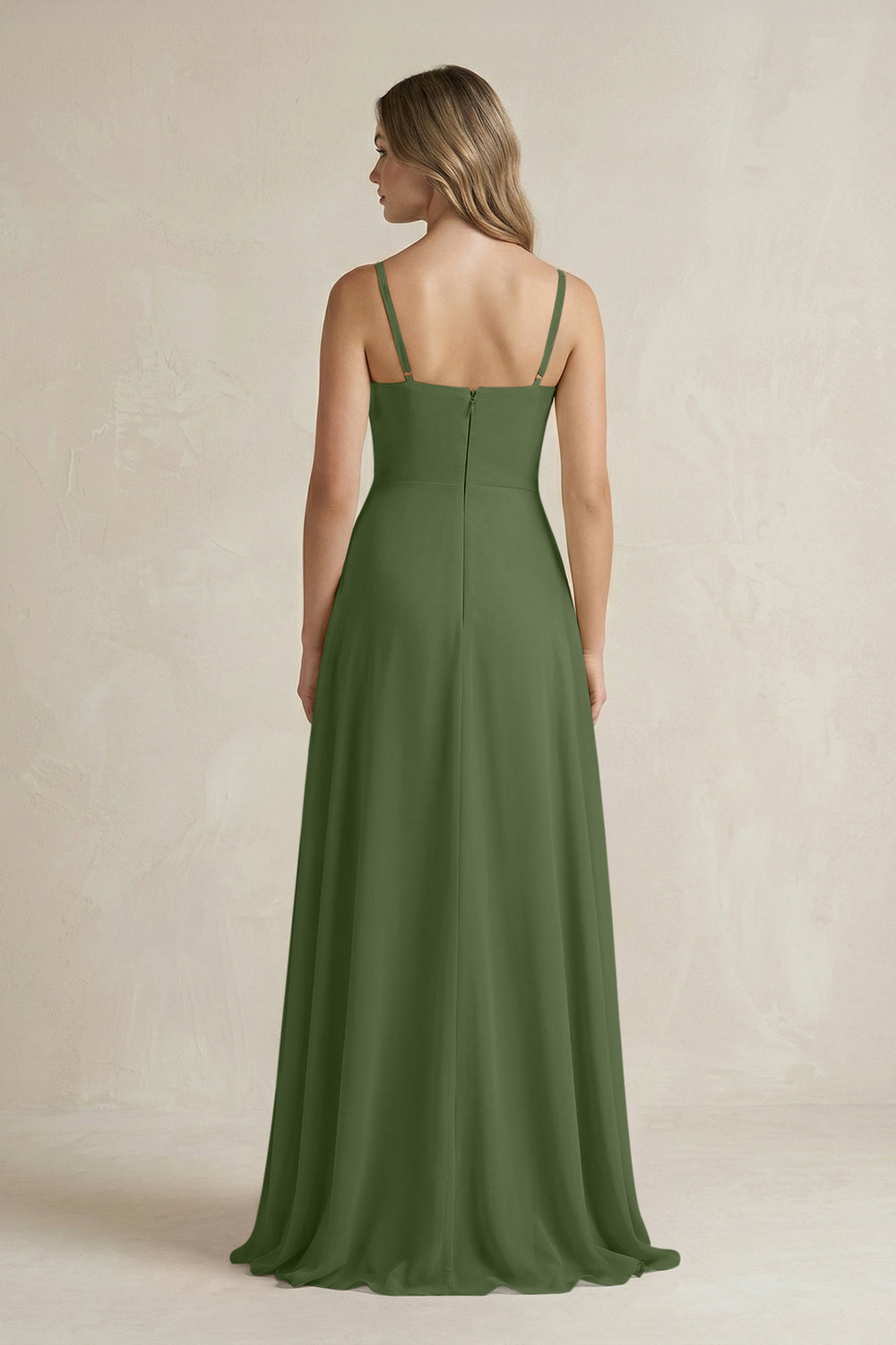 Spaghetti Strap Ruffled A-Line Chiffon Bridesmaid Dress in Moss