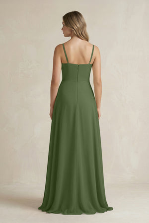 Spaghetti Strap Ruffled A-Line Chiffon Bridesmaid Dress in Moss (2) | KISSBRIDAL