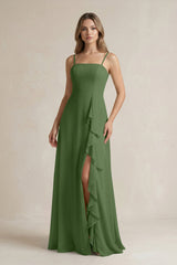 Spaghetti Strap Ruffled A - Line Chiffon Bridesmaid Dress in Moss - KISS BRIDAL Bridesmaid Dresses