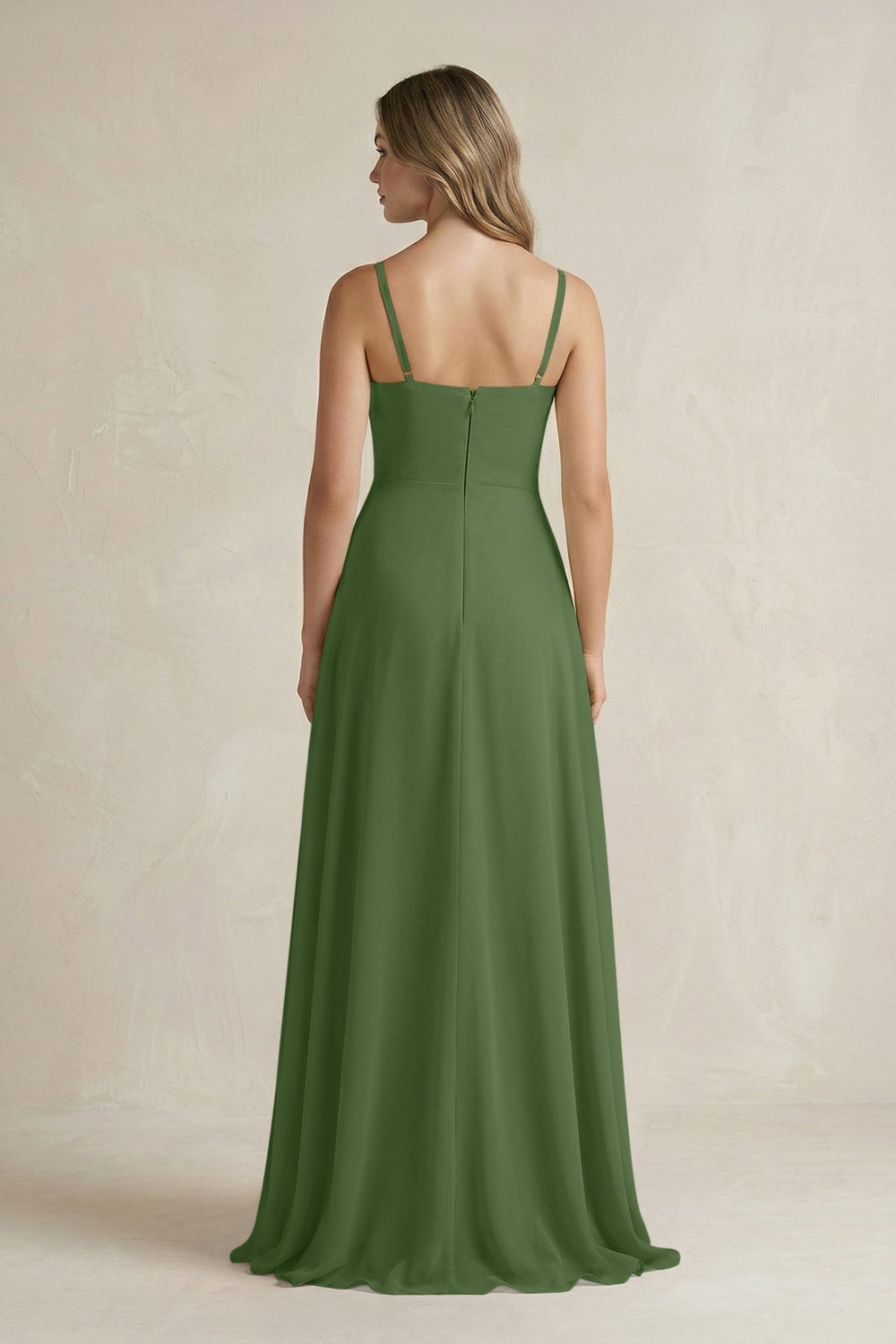 Spaghetti Strap Ruffled A - Line Chiffon Bridesmaid Dress in Moss - SHE IS ME Bridesmaid Dresses