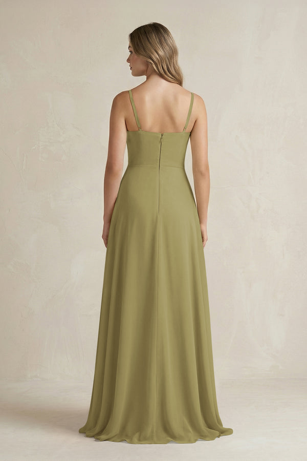 Spaghetti Strap Ruffled A-Line Chiffon Bridesmaid Dress in Moss Green (2) | KISSBRIDAL