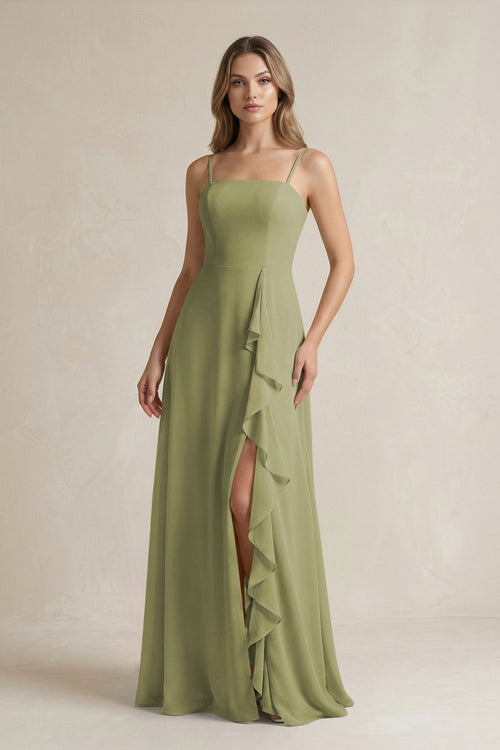 Spaghetti Strap Ruffled A - Line Chiffon Bridesmaid Dress in Moss Green - SHE IS ME Bridesmaid Dresses