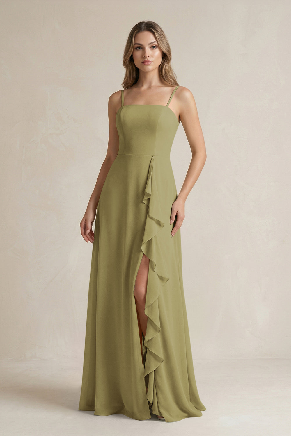 Spaghetti Strap Ruffled A-Line Chiffon Bridesmaid Dress in Moss Green