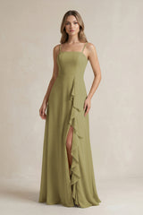 Spaghetti Strap Ruffled A-Line Chiffon Bridesmaid Dress in Moss Green | KISSBRIDAL