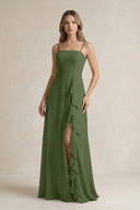 Spaghetti Strap Ruffled A-Line Chiffon Bridesmaid Dress in Moss | KISSBRIDAL