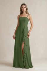 Spaghetti Strap Ruffled A-Line Chiffon Bridesmaid Dress in Moss | KISSBRIDAL