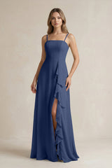 Spaghetti Strap Ruffled A - Line Chiffon Bridesmaid Dress in Navy - KISS BRIDAL Bridesmaid Dresses