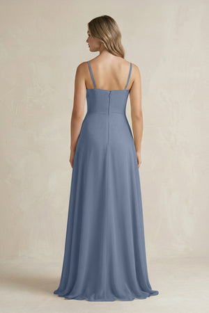 Spaghetti Strap Ruffled A - Line Chiffon Bridesmaid Dress in Neptune - KISS BRIDAL Bridesmaid Dresses