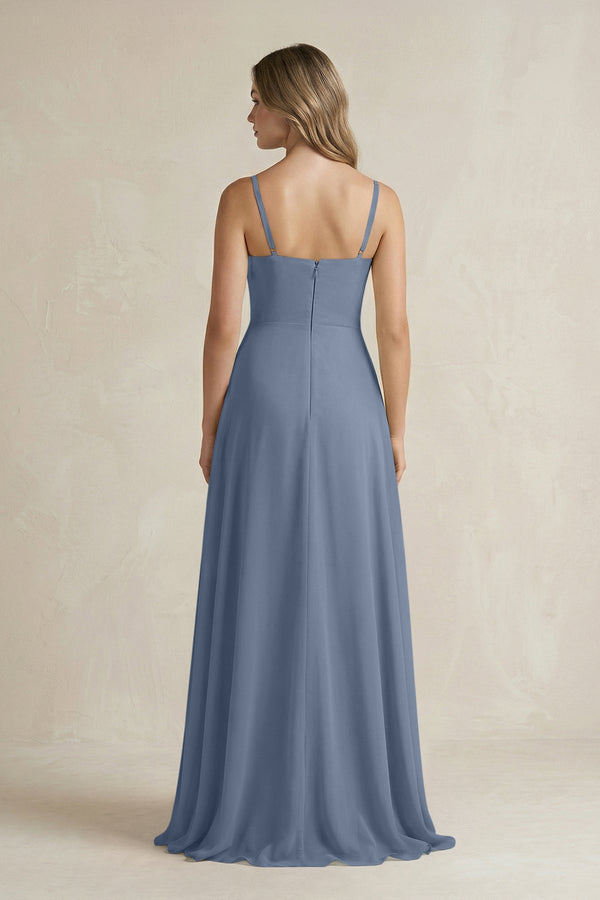 Spaghetti Strap Ruffled A - Line Chiffon Bridesmaid Dress in Neptune - KISS BRIDAL Bridesmaid Dresses