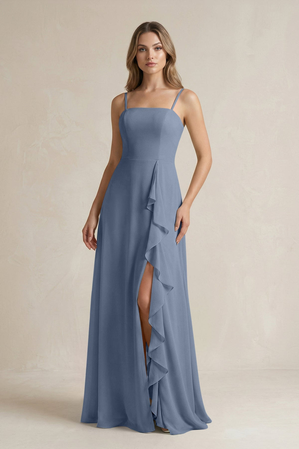 Spaghetti Strap Ruffled A - Line Chiffon Bridesmaid Dress in Neptune - KISS BRIDAL Bridesmaid Dresses