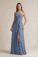 Spaghetti Strap Ruffled A - Line Chiffon Bridesmaid Dress in Neptune - KISS BRIDAL Bridesmaid Dresses