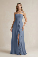 Spaghetti Strap Ruffled A - Line Chiffon Bridesmaid Dress in Neptune - KISS BRIDAL Bridesmaid Dresses