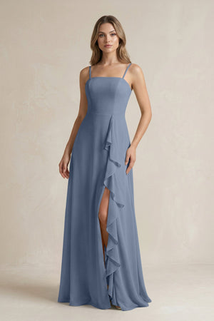 Spaghetti Strap Ruffled A - Line Chiffon Bridesmaid Dress in Neptune - KISS BRIDAL Bridesmaid Dresses