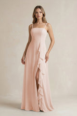 Spaghetti Strap Ruffled A - Line Chiffon Bridesmaid Dress in Pale Blush - KISS BRIDAL Bridesmaid Dresses