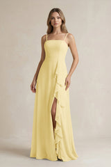 Spaghetti Strap Ruffled A - Line Chiffon Bridesmaid Dress in Pastel Yellow - KISS BRIDAL Bridesmaid Dresses