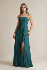 Spaghetti Strap Ruffled A - Line Chiffon Bridesmaid Dress in Pine - KISS BRIDAL Bridesmaid Dresses