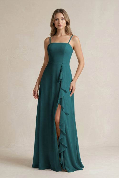 Spaghetti Strap Ruffled A - Line Chiffon Bridesmaid Dress in Pine - KISS BRIDAL Bridesmaid Dresses