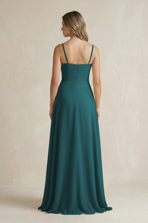 Spaghetti Strap Ruffled A - Line Chiffon Bridesmaid Dress in Pine - KISS BRIDAL Bridesmaid Dresses