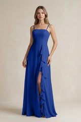 Spaghetti Strap Ruffled A - Line Chiffon Bridesmaid Dress in Royal Blue - KISS BRIDAL Bridesmaid Dresses