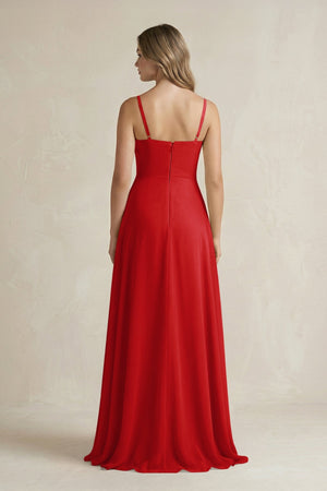 Spaghetti Strap Ruffled A - Line Chiffon Bridesmaid Dress in Ruby Red - SHE IS ME Bridesmaid Dresses