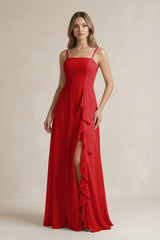 Spaghetti Strap Ruffled A - Line Chiffon Bridesmaid Dress in Ruby Red - KISS BRIDAL Bridesmaid Dresses