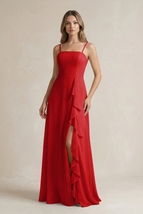 Spaghetti Strap Ruffled A - Line Chiffon Bridesmaid Dress in Ruby Red - SHE IS ME Bridesmaid Dresses