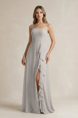 Spaghetti Strap Ruffled A - Line Chiffon Bridesmaid Dress in Silver - KISS BRIDAL Bridesmaid Dresses
