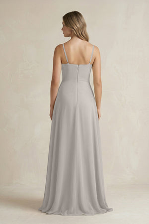 Spaghetti Strap Ruffled A - Line Chiffon Bridesmaid Dress in Silver - KISS BRIDAL Bridesmaid Dresses