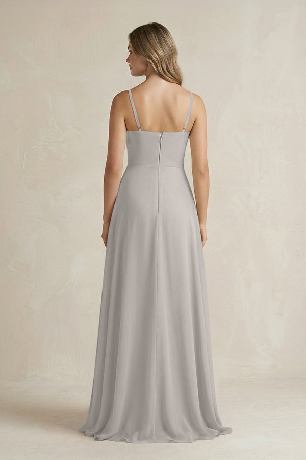 Spaghetti Strap Ruffled A - Line Chiffon Bridesmaid Dress in Silver - KISS BRIDAL Bridesmaid Dresses
