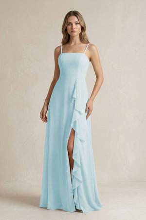 Spaghetti Strap Ruffled A - Line Chiffon Bridesmaid Dress in Sky Blue - KISS BRIDAL Bridesmaid Dresses