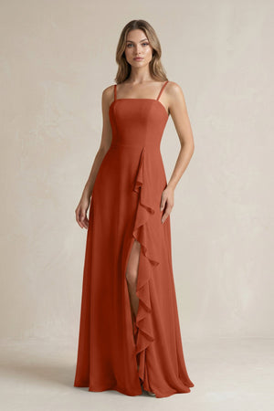 Spaghetti Strap Ruffled A - Line Chiffon Bridesmaid Dress in Spice - KISS BRIDAL Bridesmaid Dresses
